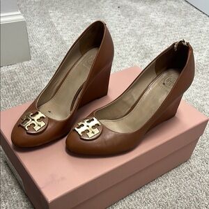 Tory Burch Tan Wedges with Gold Emblem